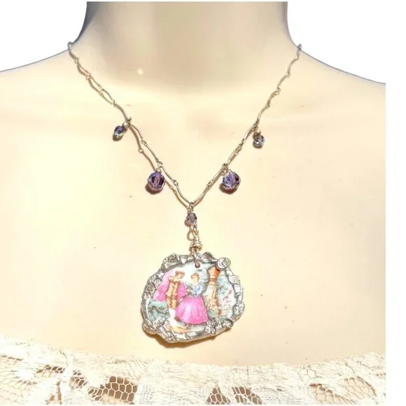 Broken China Hand-Painted Porcelain Fragonard Cameo w/ Sterling Silver Necklace - Picture 4 of 13